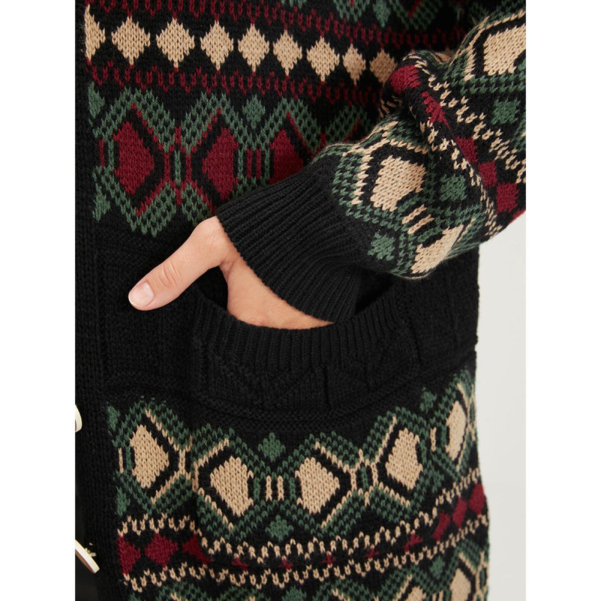 Plus Size Geometric Contrast Pointelle Knit Pocket Jacquard Button Front Cardigan Multicolor Women Casual Loose Long Sleeve Dailywear Cardigans BloomChic 12/L Product Image