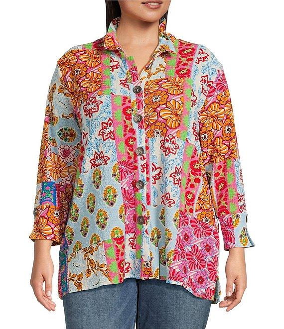 Calessa Plus Size Printed Ruffled Stand Collar Long Sleeve Button Front Tunic Product Image