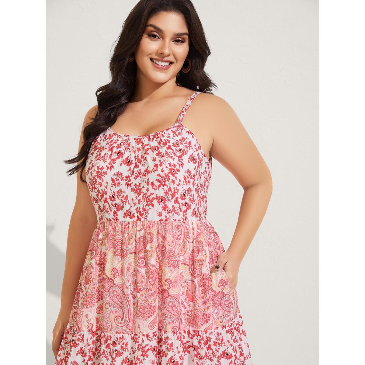 Plus Size Floral Paisley Print Cami Pockets Midi Dress Crepe Women U-neck Sleeveless Curvy BloomChic 10/M Product Image