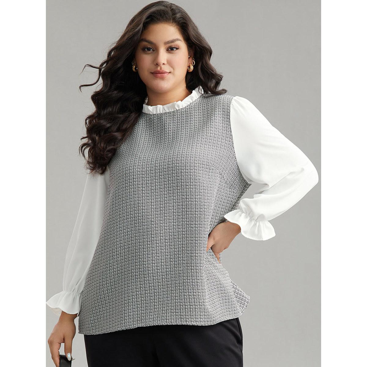 Plus Size White Gingham Ruffles Patchwork Frill Trim Blouse Women Office Long Sleeve Stand-up collar Office Blouses BloomChic 12/L Product Image