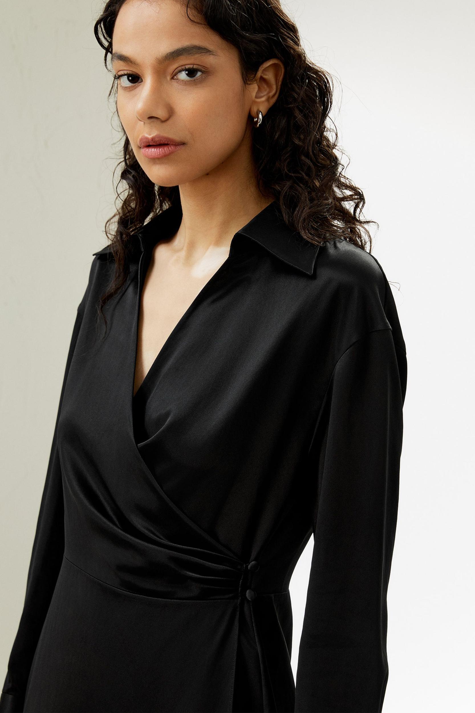 Collared Silk Wrap Dress Product Image