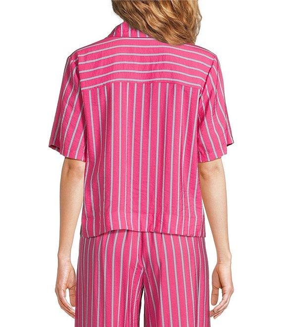 Every Coordinating Striped Knit Notch Collar Short Sleeve Tie Front Top Product Image