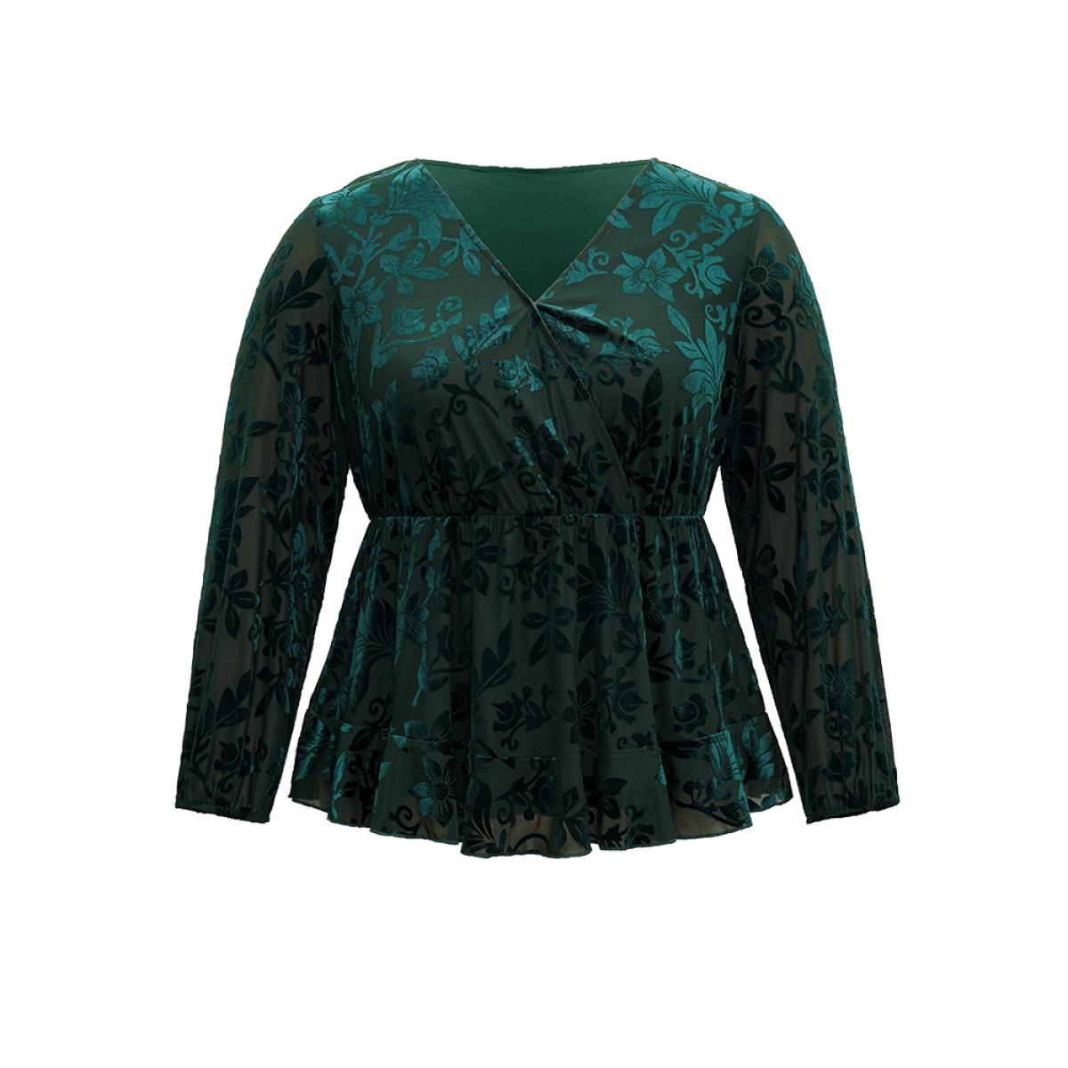 Plus Size DarkGreen Silhouette Floral Print Plain Velvet Texture Wrap Blouse Women Elegant Long Sleeve Overlap Collar Party Blouses BloomChic 26/4X Product Image