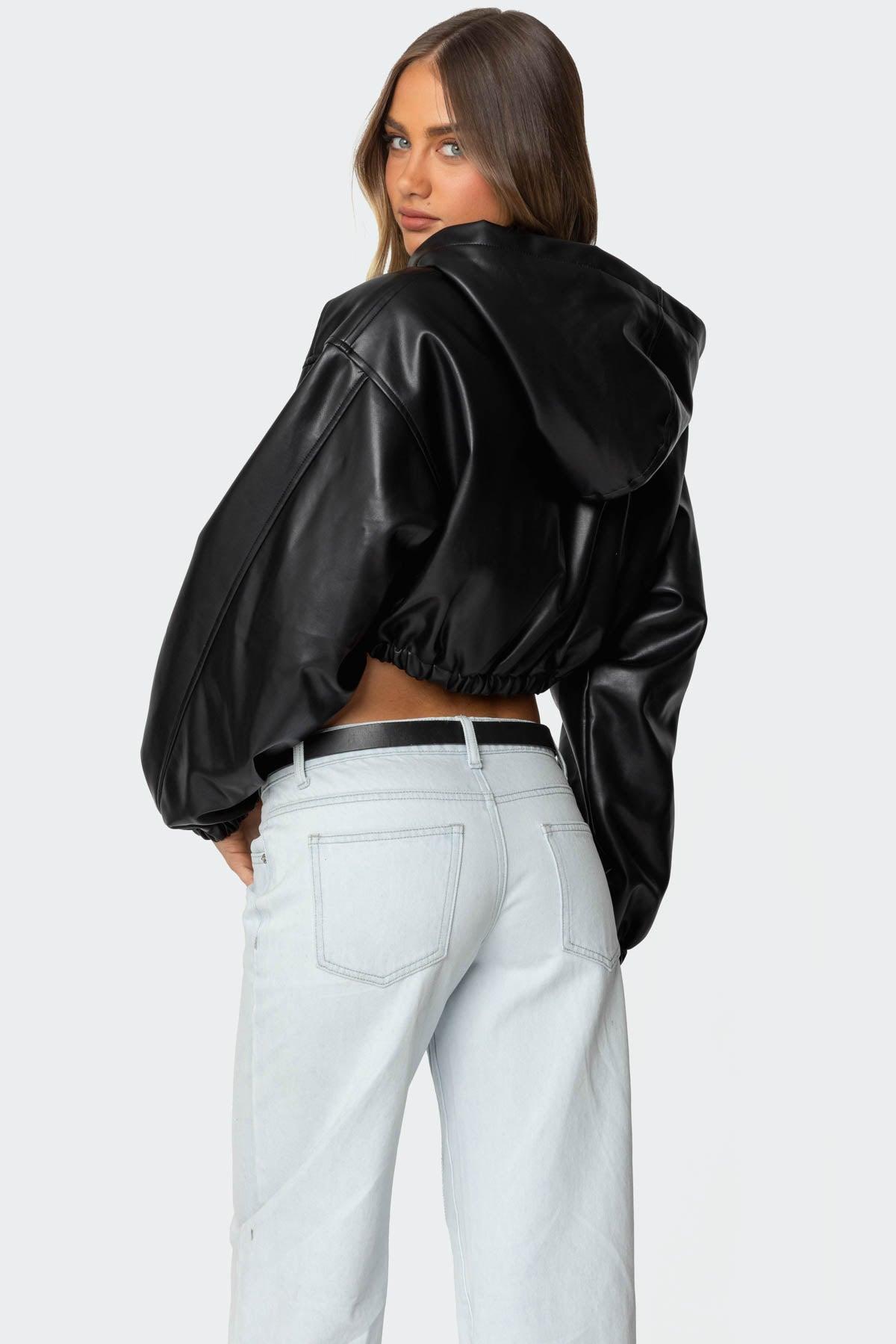 Hooded Faux Leather Cropped Jacket Product Image