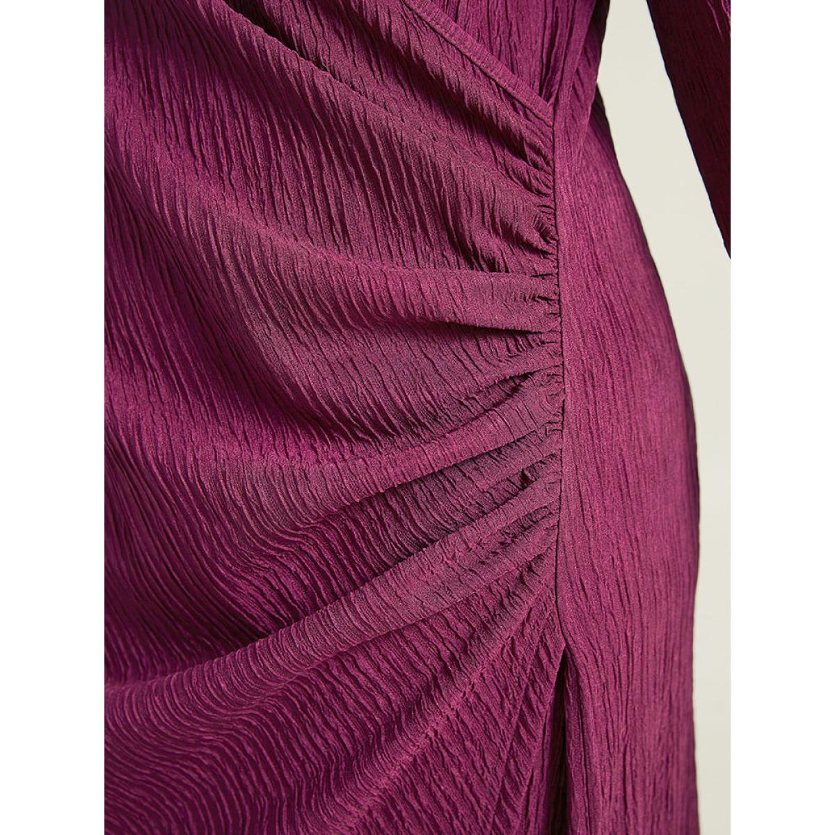 Plus Size Plain Rib Knit V Neck Wrap Pleated Dress Purple Women Party Texture V-neck Long Sleeve Curvy Midi Dress BloomChic 10/M Product Image