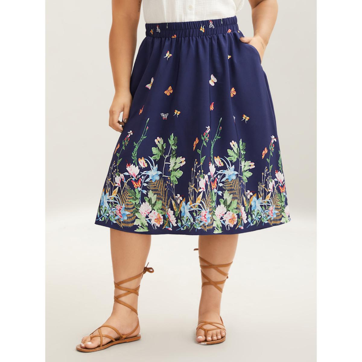 Plus Size Garden Print Pleated Midi Skirt Women DarkBlue Elegant Bodycon Low stretch Slanted pocket Everyday Skirts BloomChic 28/5X Product Image