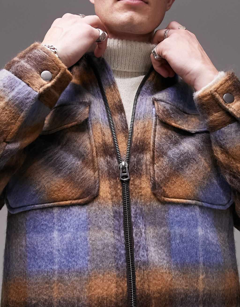 Topman wool blend shacket in blue and brown check Product Image