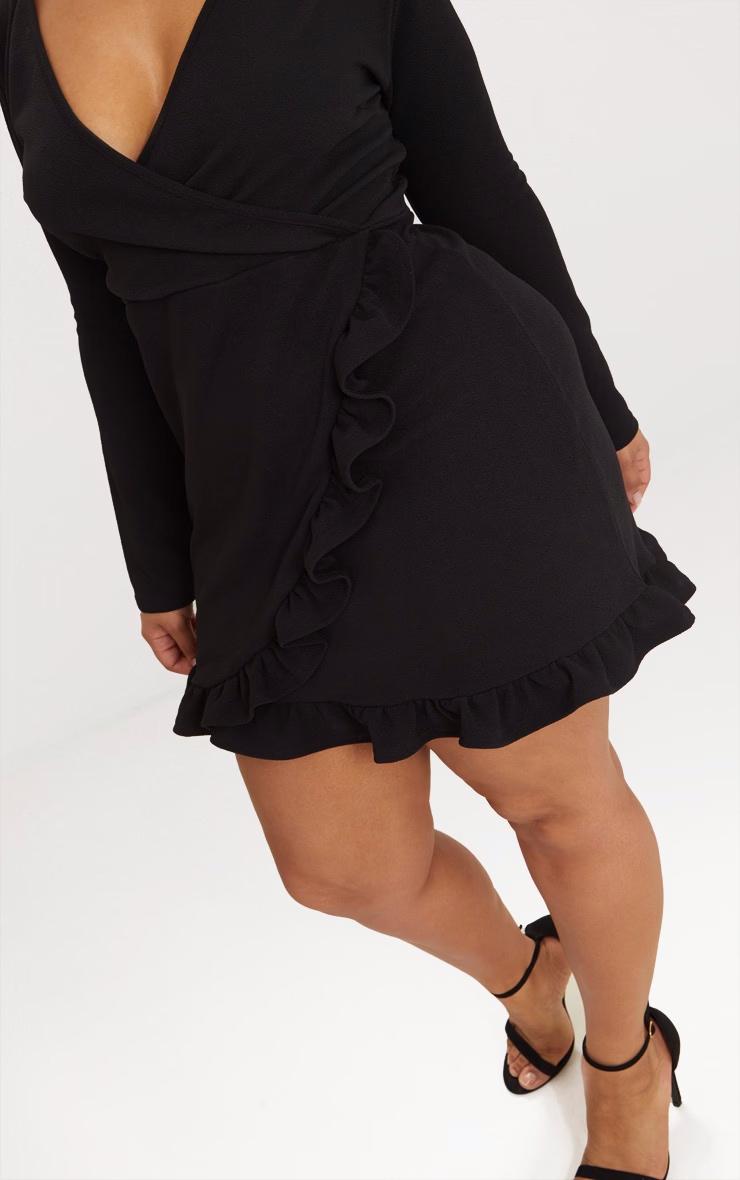 Plus Black Long Sleeve Ruffle Wrap Dress Product Image