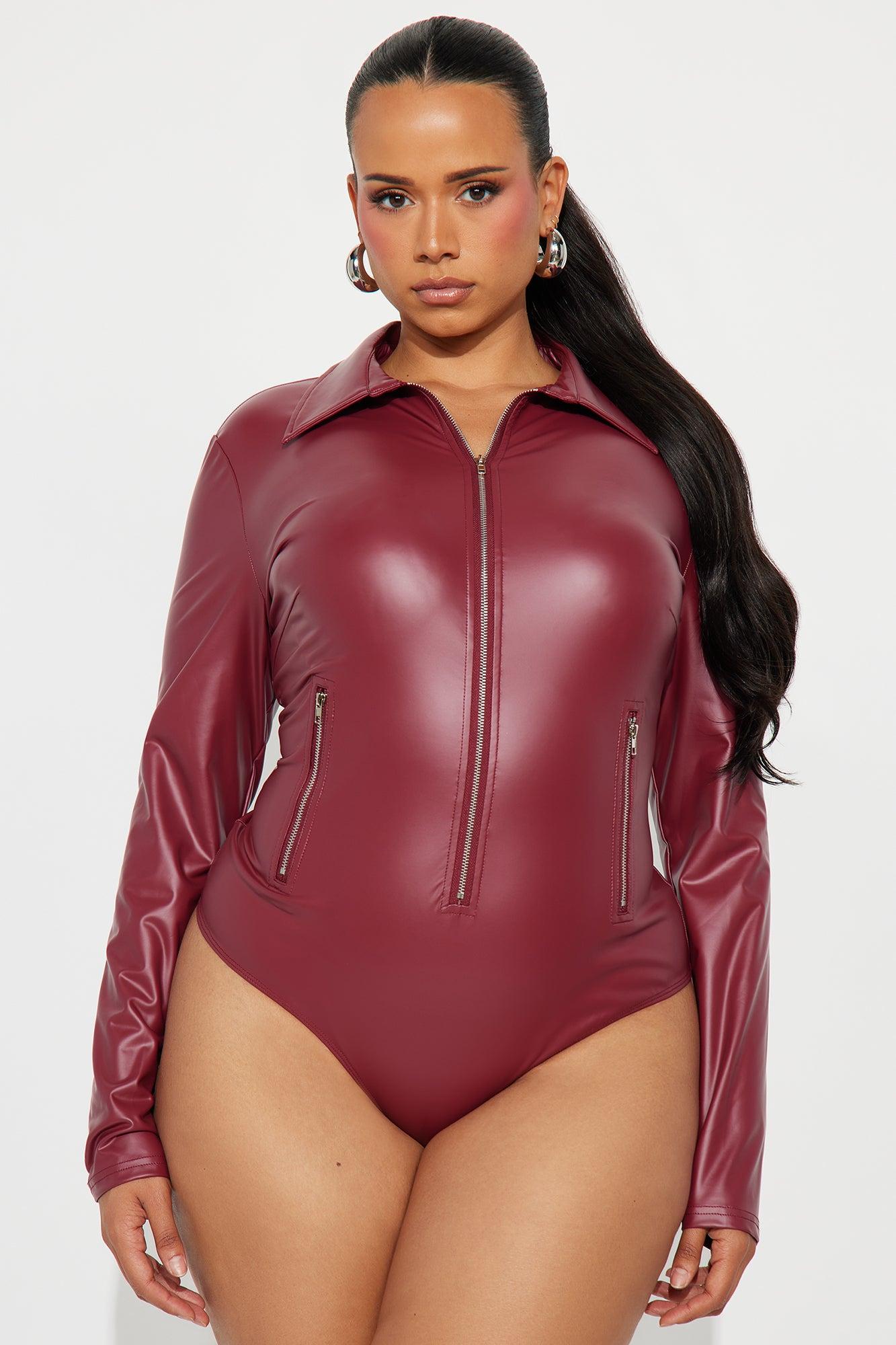 Biker Baddie Zip Front Bodysuit - Burgundy Product Image