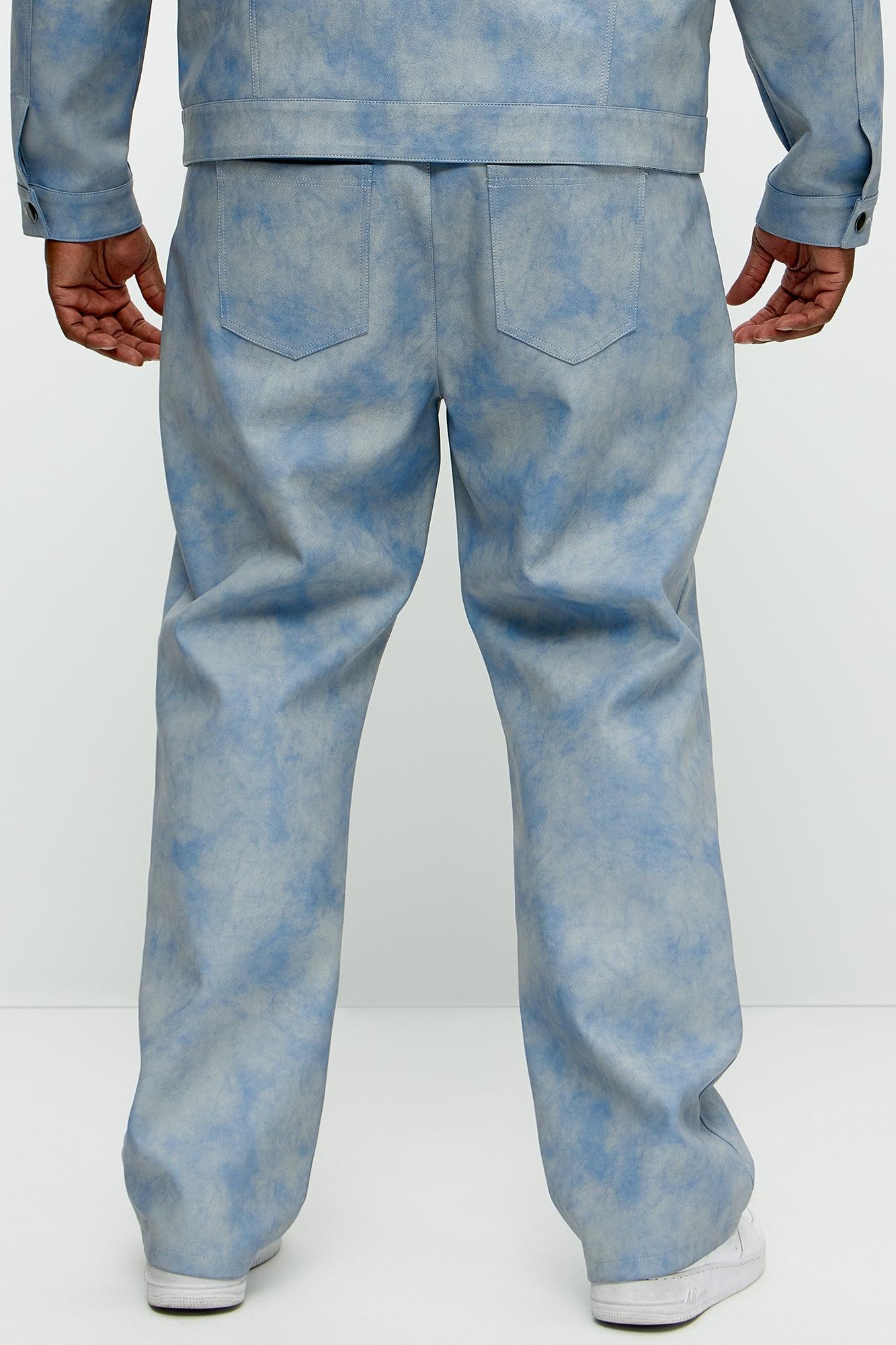 Cloud Wash Faux Leather Straight Pants - Blue Product Image