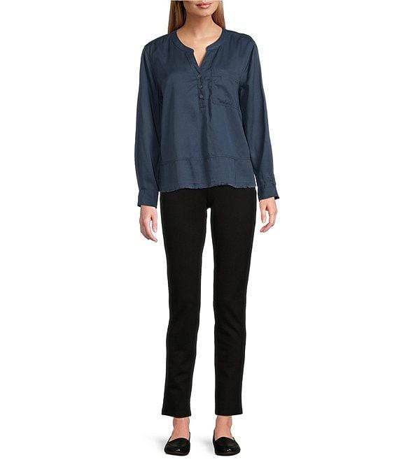 Westbound Petite Size Woven Long Roll-Tab Sleeve Henley Top Product Image