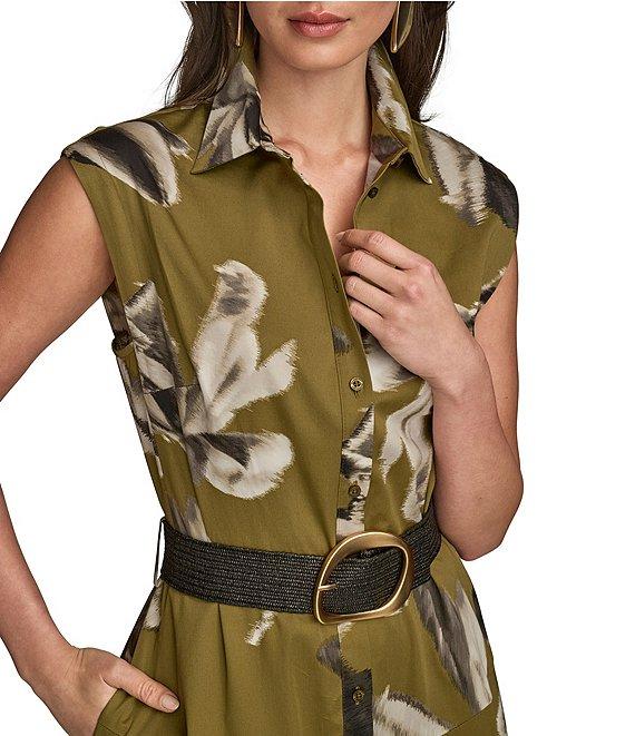 Donna Karan Blurred Floral Stretch Sateen Cap Sleeve Belted Button Front Midi Dress Product Image