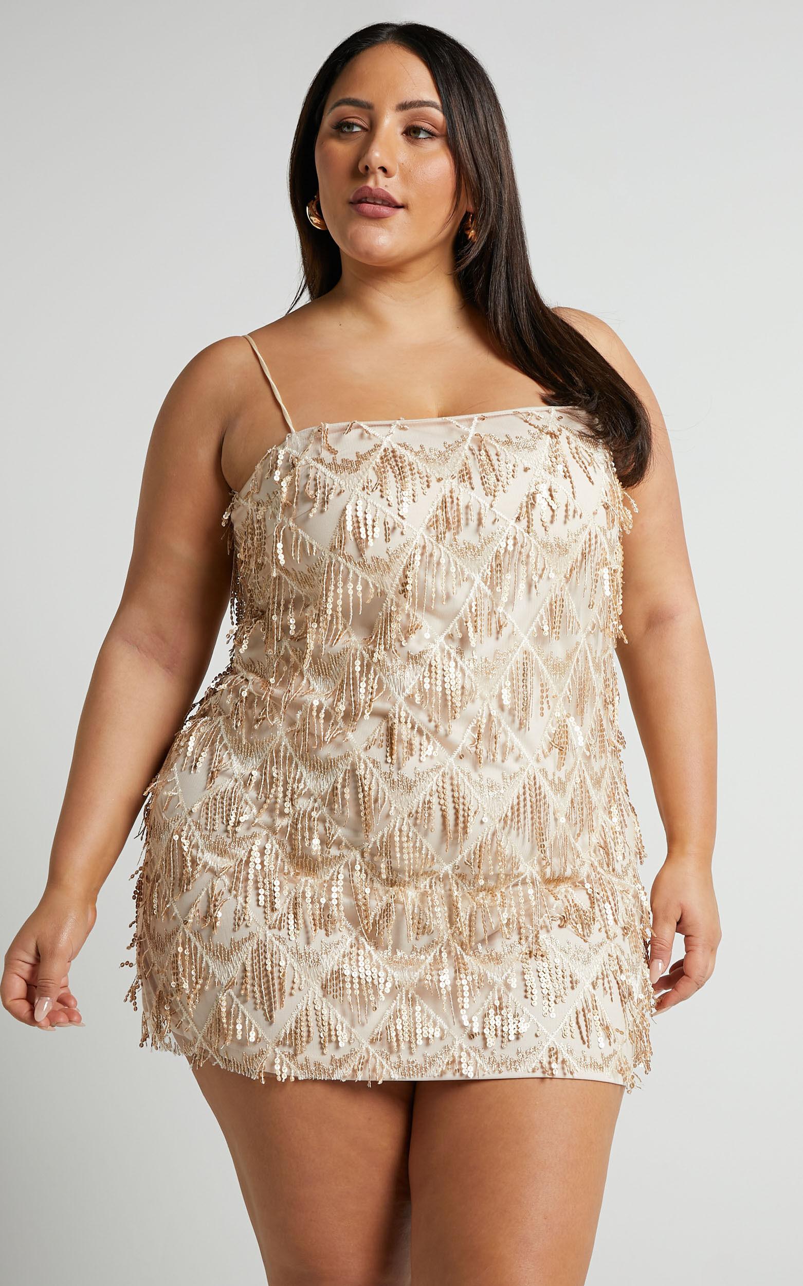 Shook Mini Dress - Cami Sequin Fringe Dress in Champagne Sequin Product Image