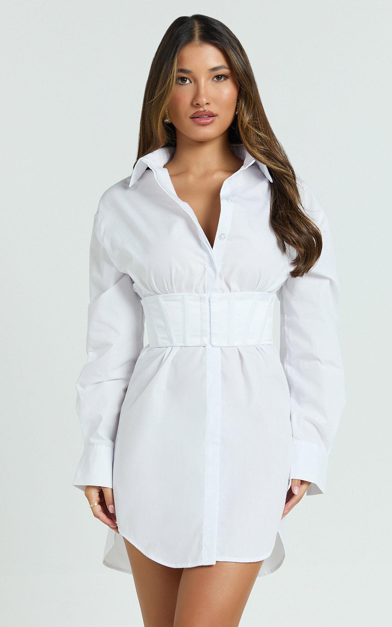 Athena Mini Dress - Collared Button Front Corset Waist Workwear Shirt Dress in White Product Image