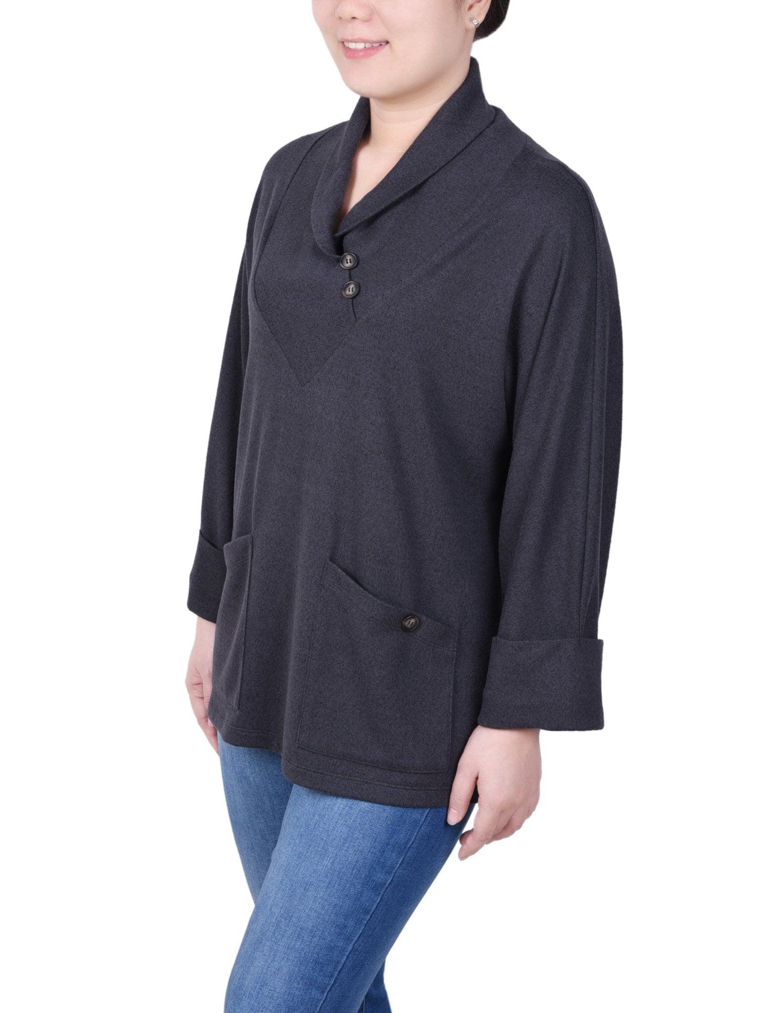 Long Sleeve Shawl Collar Top With Pockets - Petite Product Image