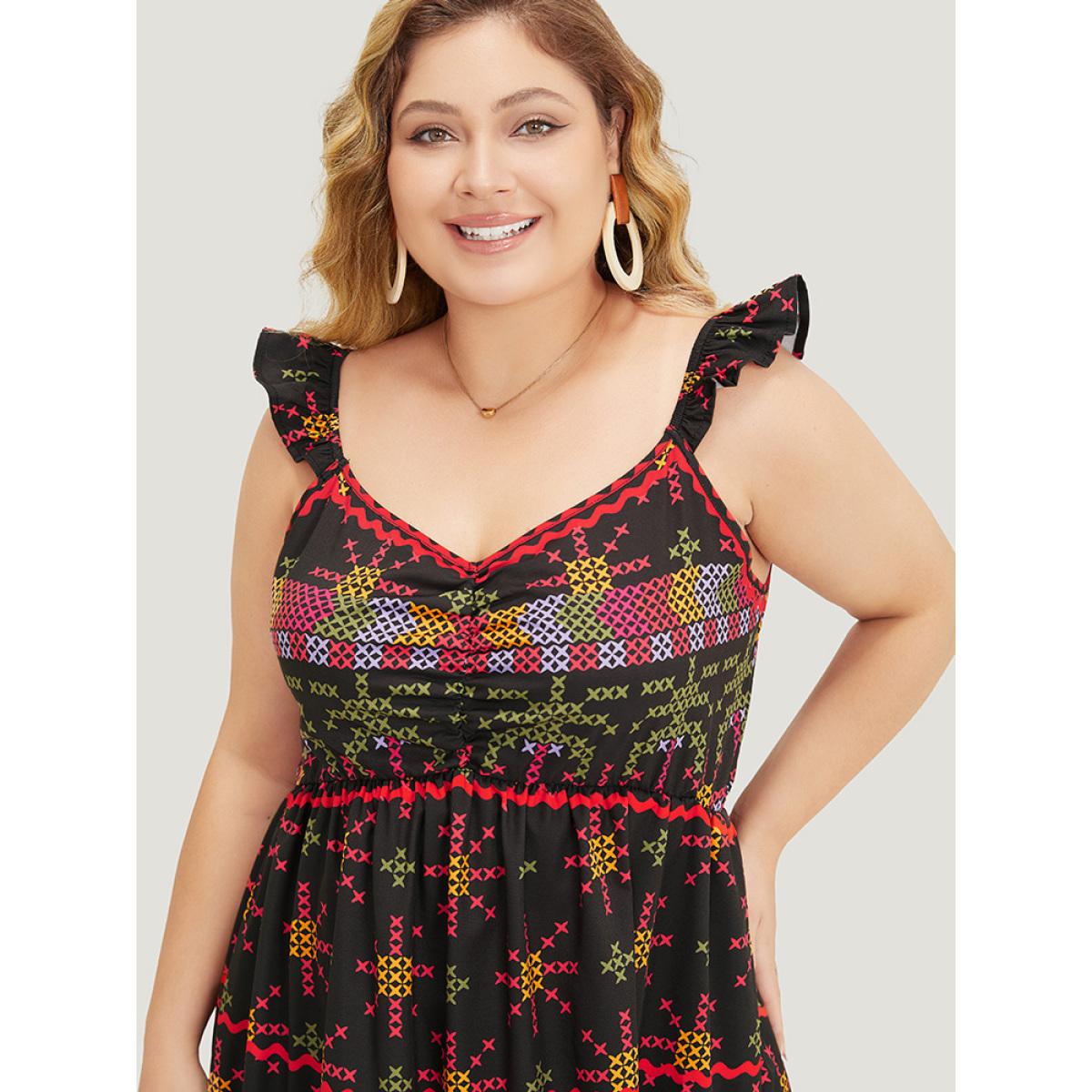 Plus Size Geometric Print Ruffle Trim Pocket Ruched Detail Cami Dress Raspberry Women Vacation Ruched V-neck Sleeveless Curvy Midi Dress BloomChic 22-24/3X Product Image