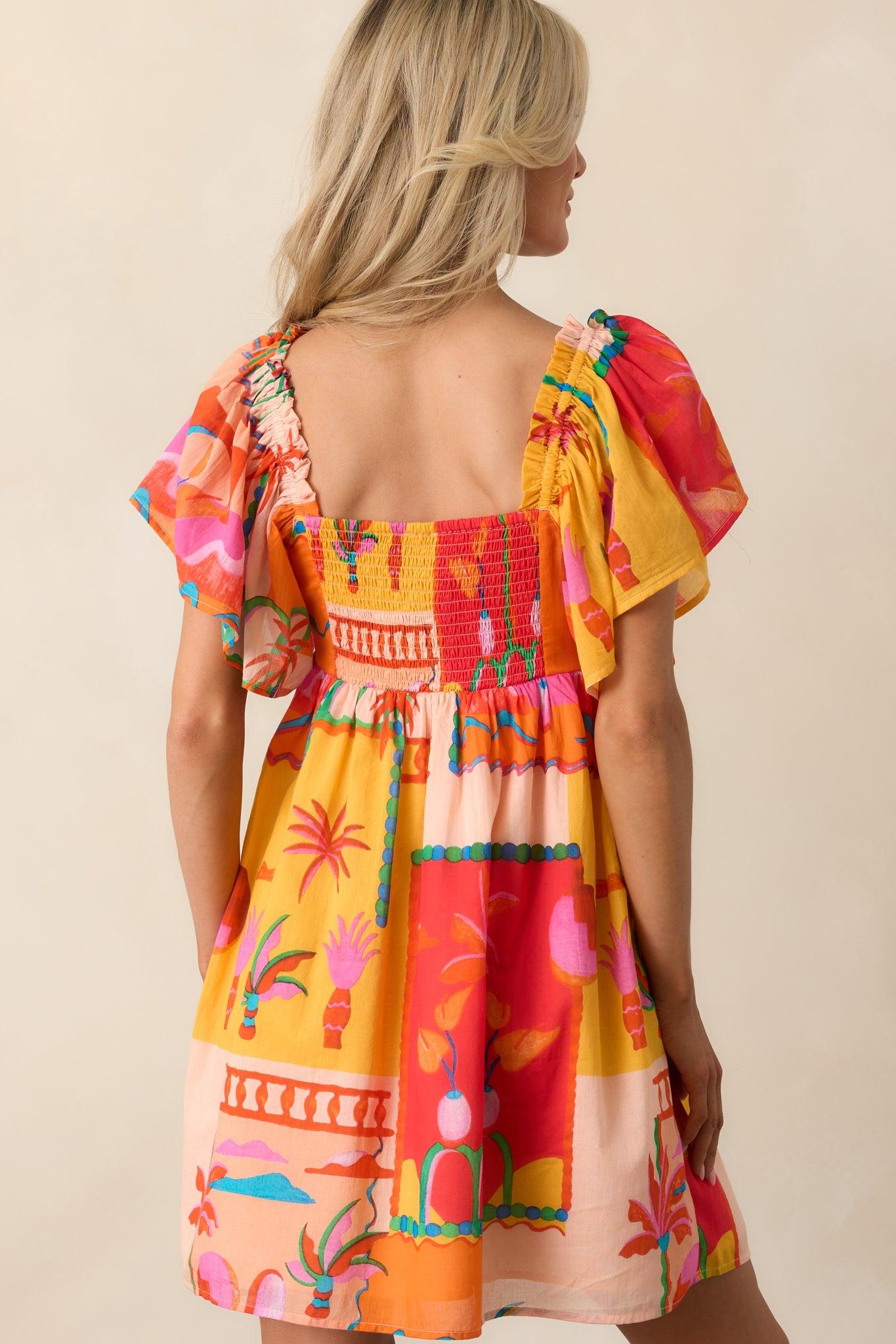 By The Shore Orange Tropical Print Cotton Mini Dress Product Image