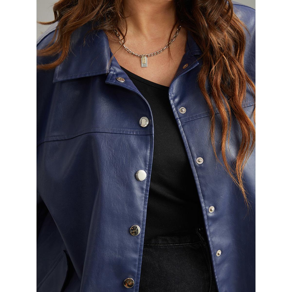 Plus Size PU Patchwork Pocket Button Through Jacket Women Indigo Elastic cuffs Dailywear Jackets BloomChic 14-16/1X Product Image