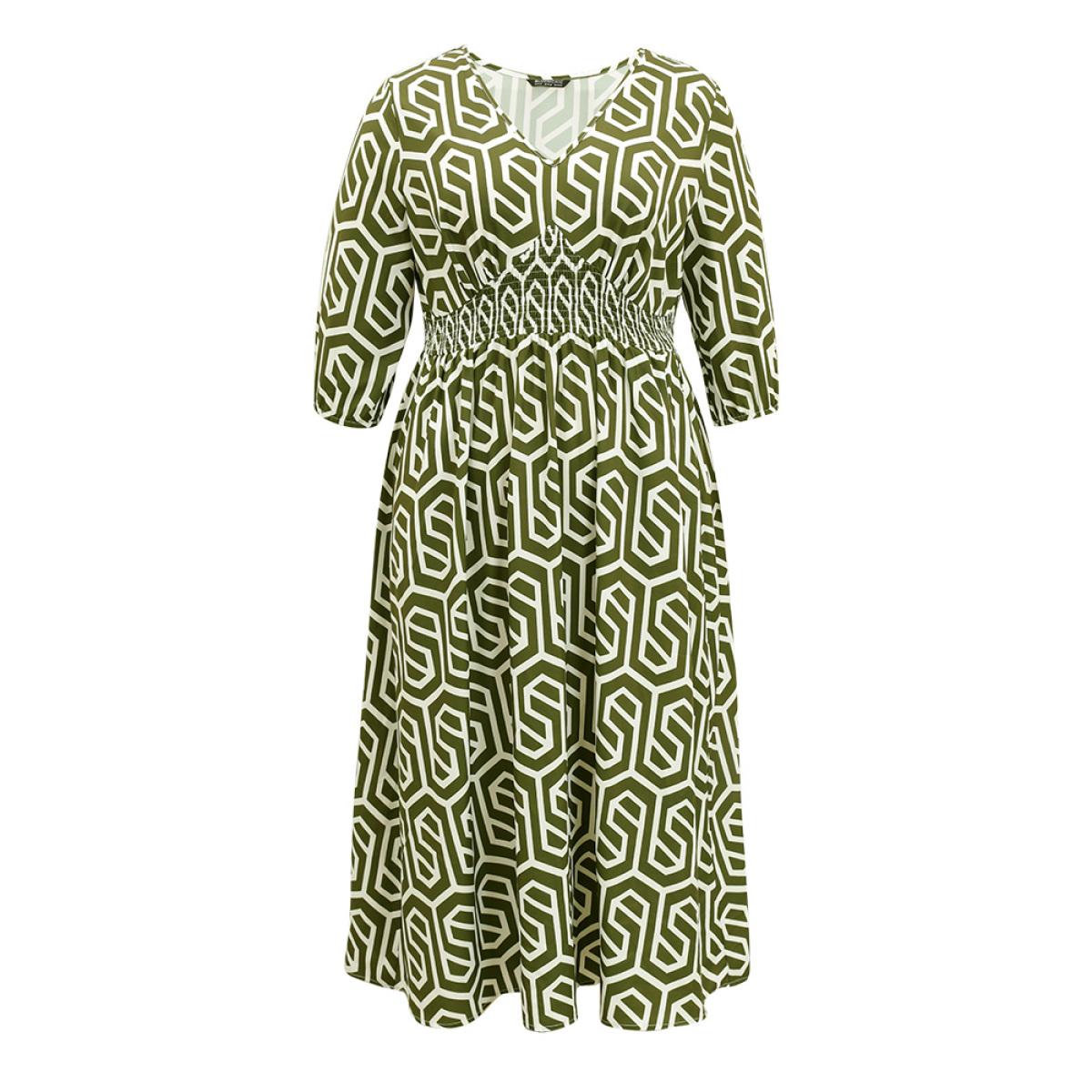 Plus Size Geometric Print V Neck Shirred Dress ArmyGreen Women Office Elastic cuffs V-neck Elbow-length sleeve Curvy Midi Dress BloomChic 26/4X Product Image