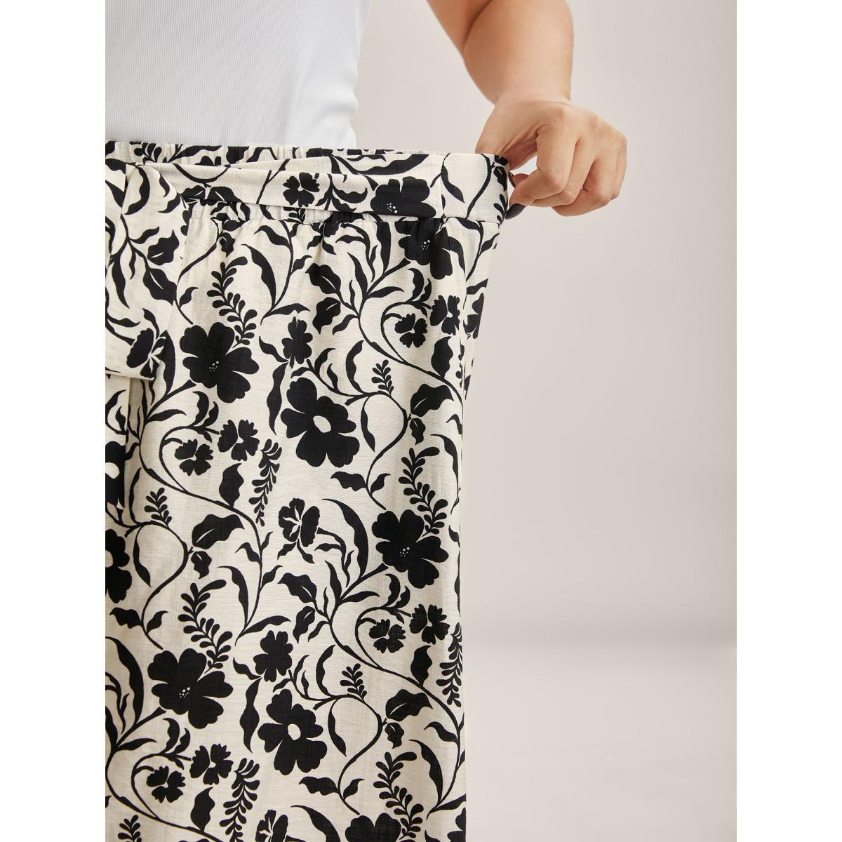 Plus Size Floral Print Belted Midi A-Line Skirt Women Originalwhite Loose No stretch Side seam pocket Belt Everyday-Casual Skirts BloomChic 30/6X Product Image