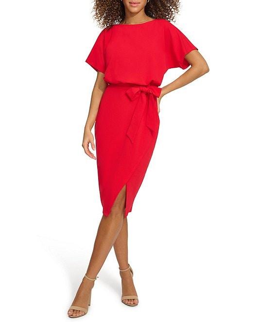 Kensie Textured Knit Boat Neck Self-Tie Waist Faux Wrap Blouson Dress Product Image