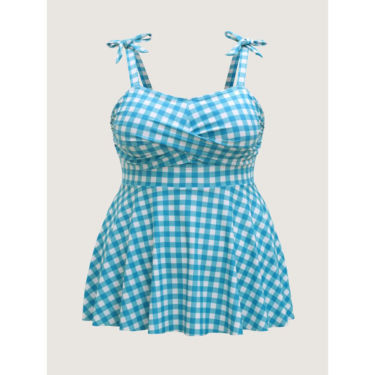 Plus Size Checkered Twist Front Flared Swim Top Women's Swimwear Arctic Resort Tie knot High stretch Bodycon Heart neckline Curve Swim Tops BloomChic 10/M Product Image