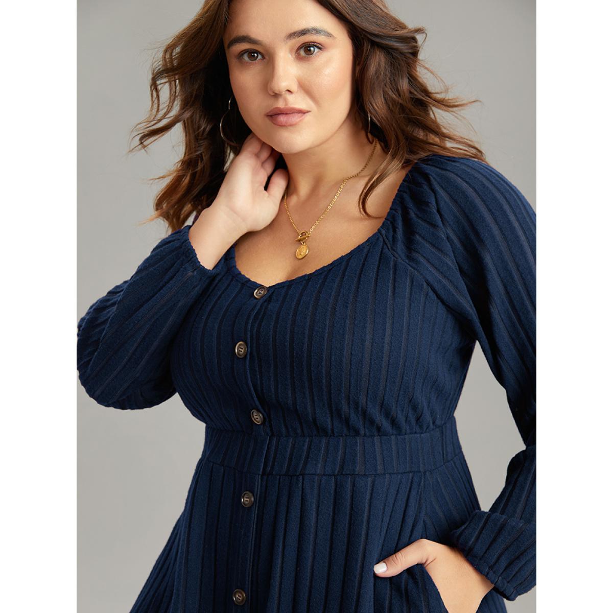 Plus Size Solid Rib Knit Gathered Scoop Neck Dress Indigo Women Basics Elastic cuffs Scoop Neck Long Sleeve Curvy Midi Dress BloomChic 30/6X Product Image