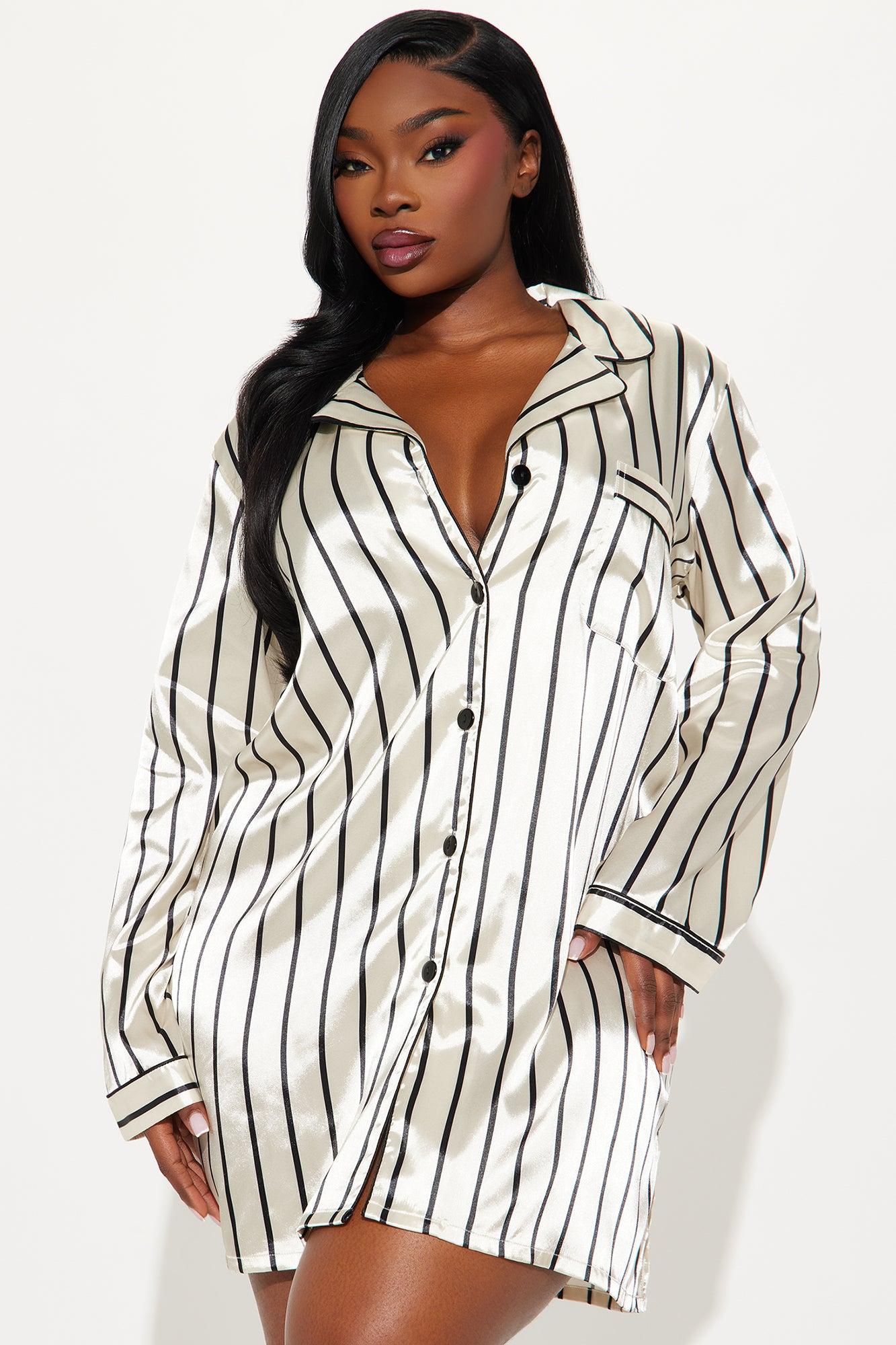 Elle Satin Long Sleeve PJ Sleep Shirt - Ivory/combo Product Image