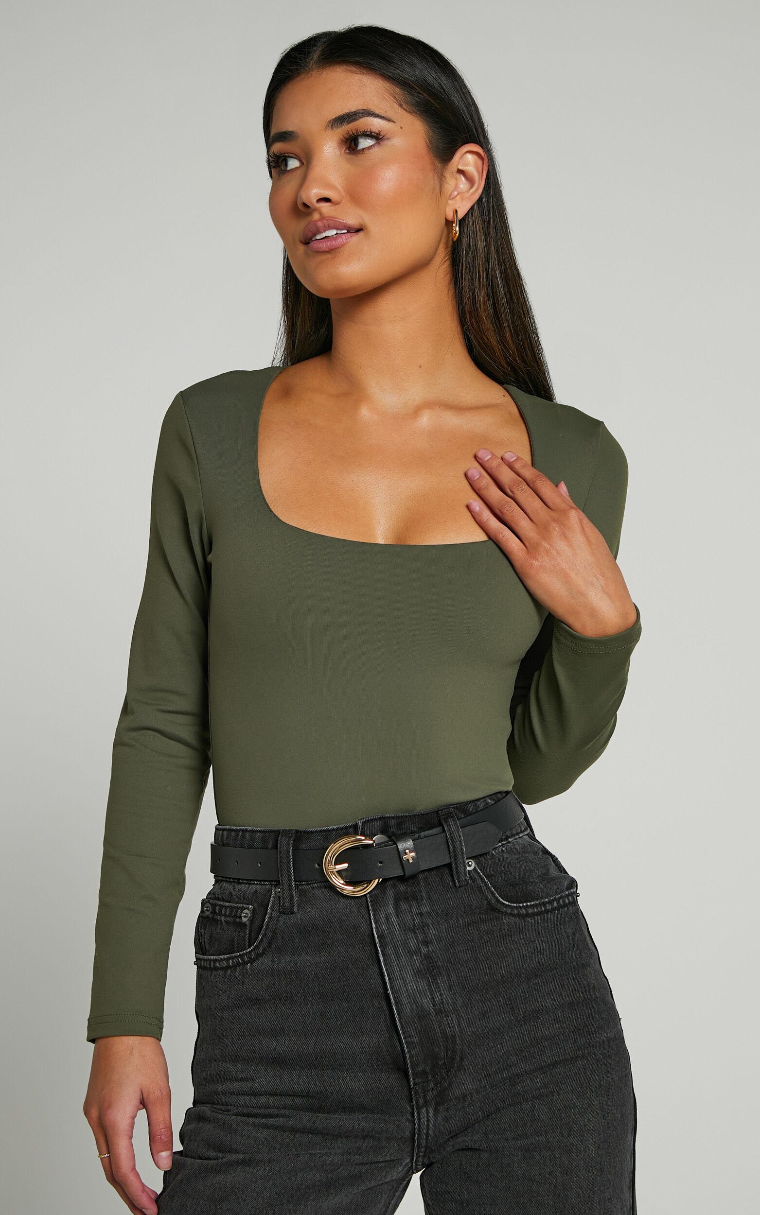 Elia Bodysuit - Square Neck Long Sleeve Bodysuit in Olive Product Image