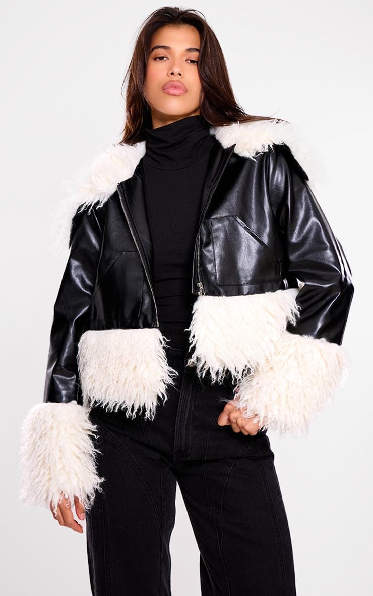 Black Faux Fur White Trim Contrast Faux Leather Jacket Product Image