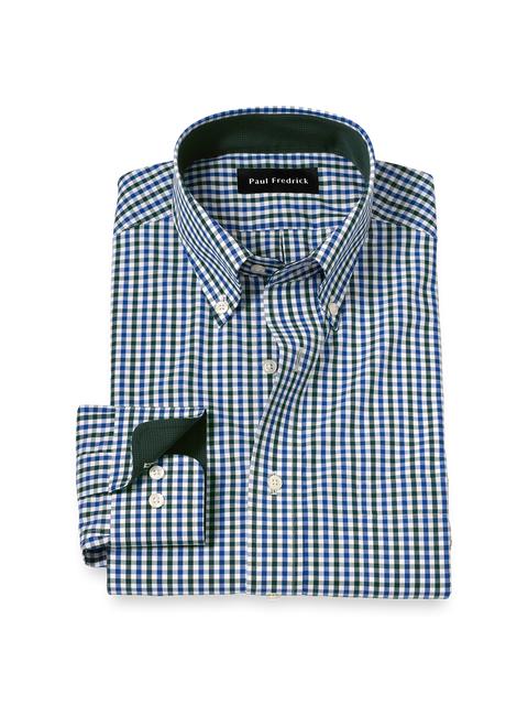 Non-Iron Cotton Gingham Dress Shirt With Contrast Trim - Blue/green Product Image