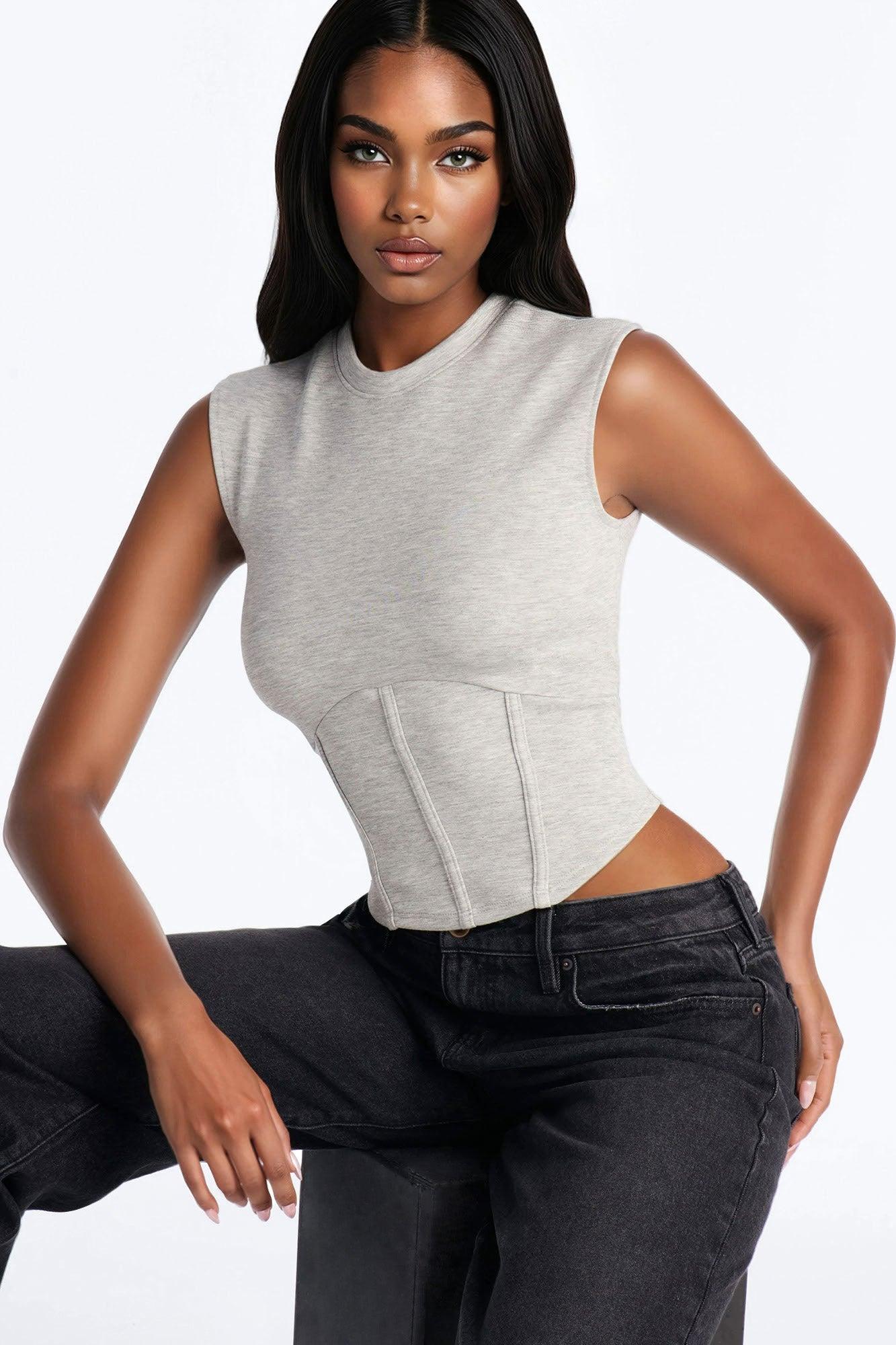 Bold Intent Crew Neck Corset Sleeveless Top - Heather Grey Female Product Image