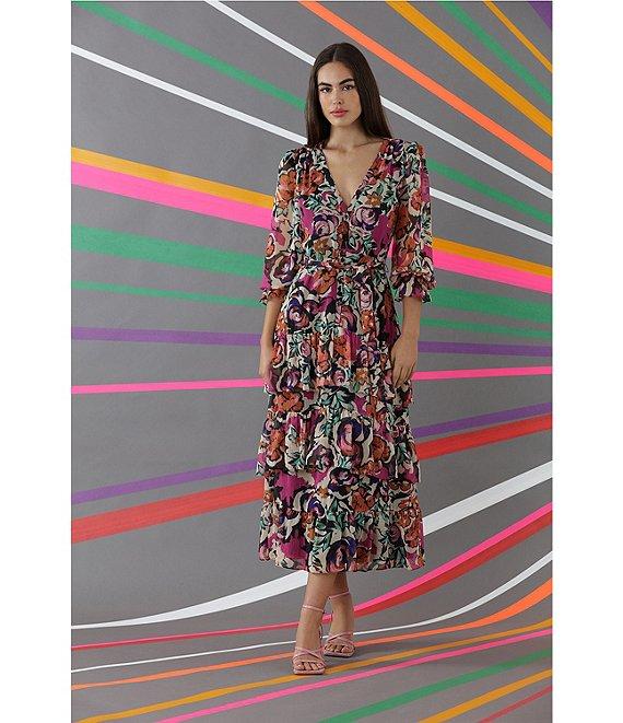 Donna Morgan Printed V Neckline Long Sleeve Tiered Midi Dress Product Image