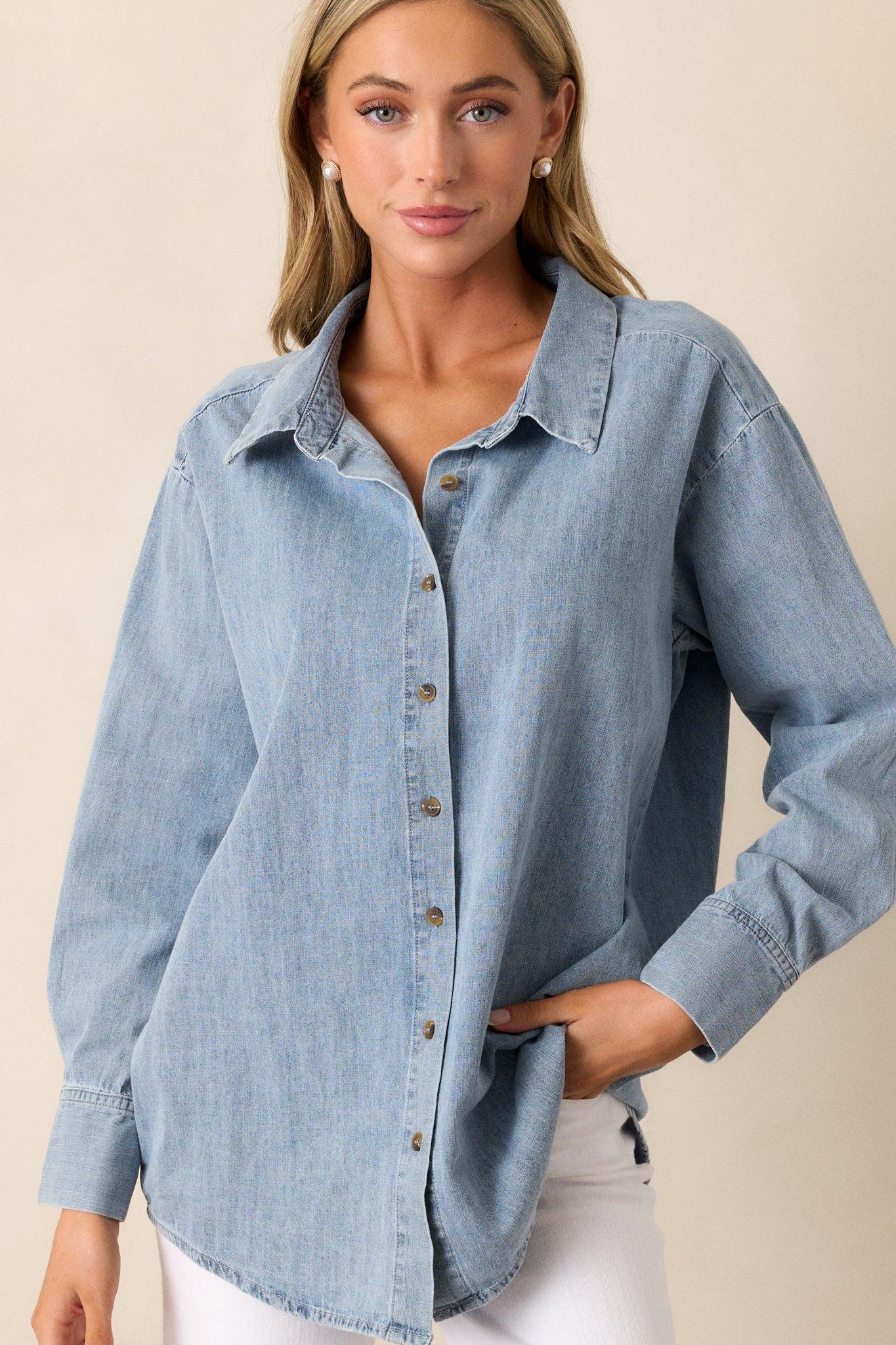 In Plain Sight Cotton Light Chambray Button Front Top Product Image