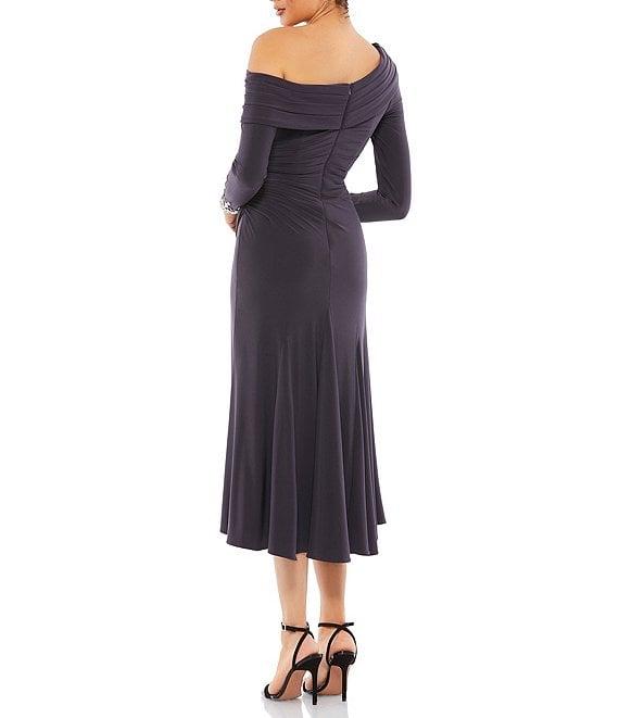 Mac Duggal Foldover Asymmetrical Neck Long Sleeve Midi Dress Product Image