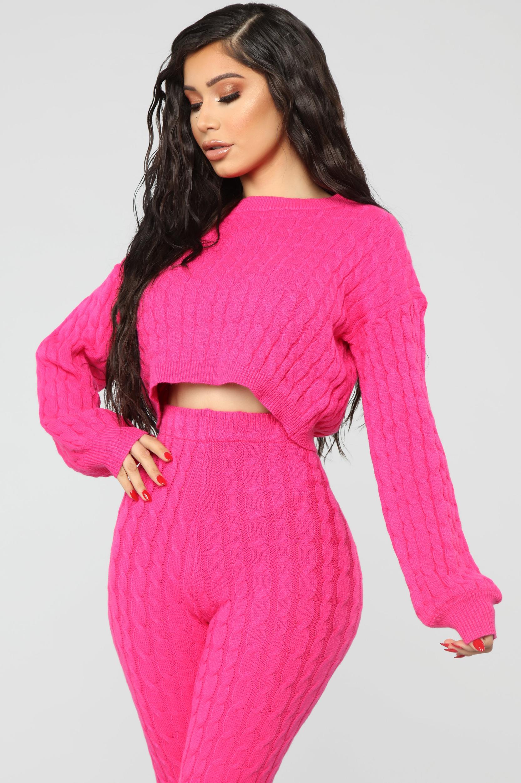 Sweater Sweetie Pant Set - Neon Pink Product Image