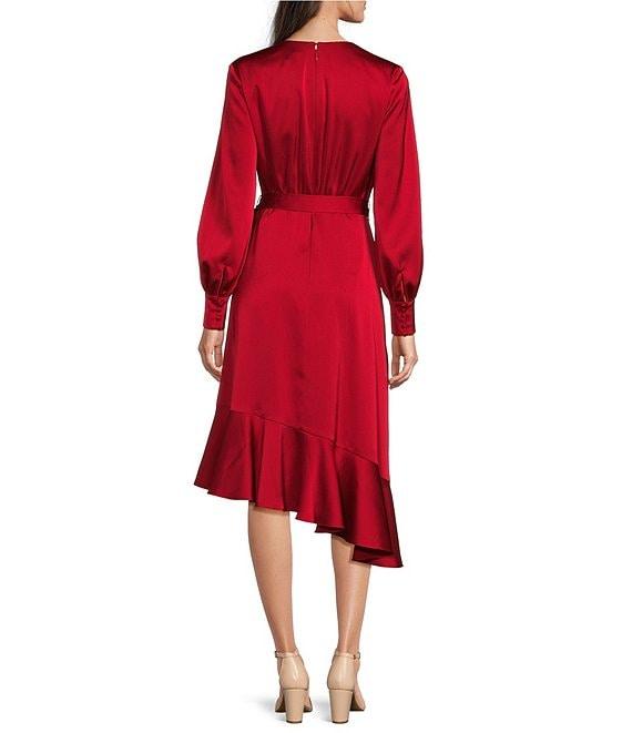 Alex Marie Lilac Satin V-Neck Long Blouson Sleeve Tie at Waist Wrap Asymmetrical Flounce Midi Dress Product Image