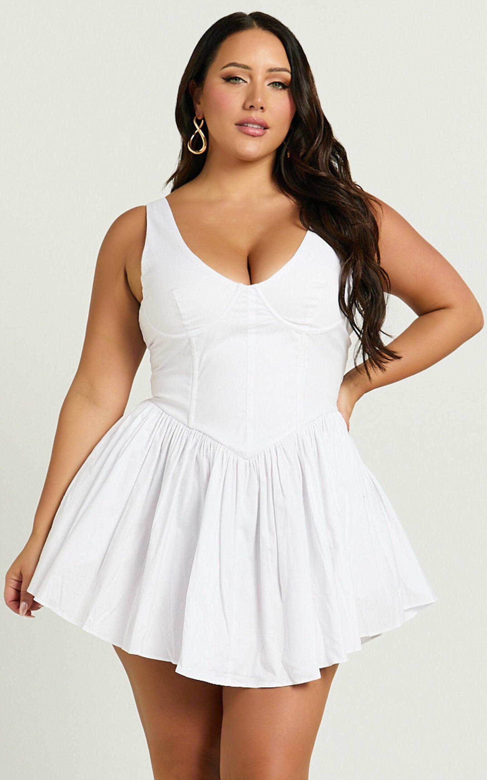 Ashlyn Mini Dress - Scoop Neck V Waist Gathered Dress in White Product Image