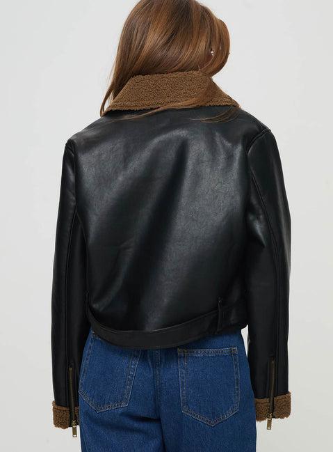 Shearling Trim Faux Leather Jacket Black Product Image