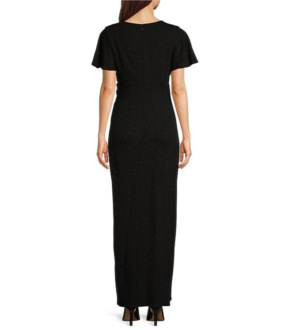 Ignite Evenings Short Flutter Sleeve V-Neck Glitter Knit Empire Embellished Waist Faux Wrap Maxi Dress Product Image