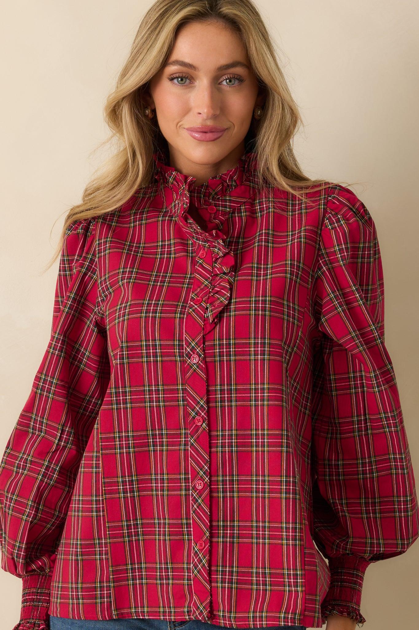 Festive Feeling Red Plaid Cotton Ruffle Neck Button Up Blouse L / Red Product Image