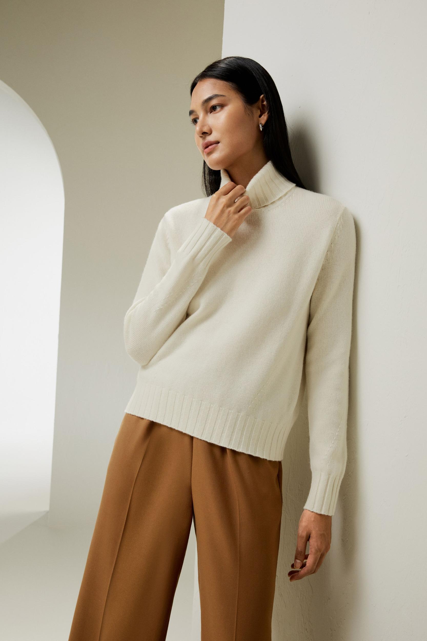 LILYSILK Womens Merino Wool Turtleneck Cashmere Sweater White Wool&Cashmere Luxurious Needlework Design Sweater S Product Image