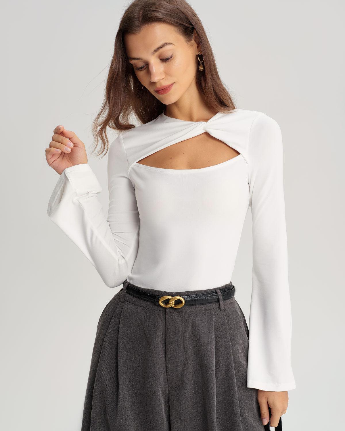 White Round Neck Cutout Slim Tee Product Image