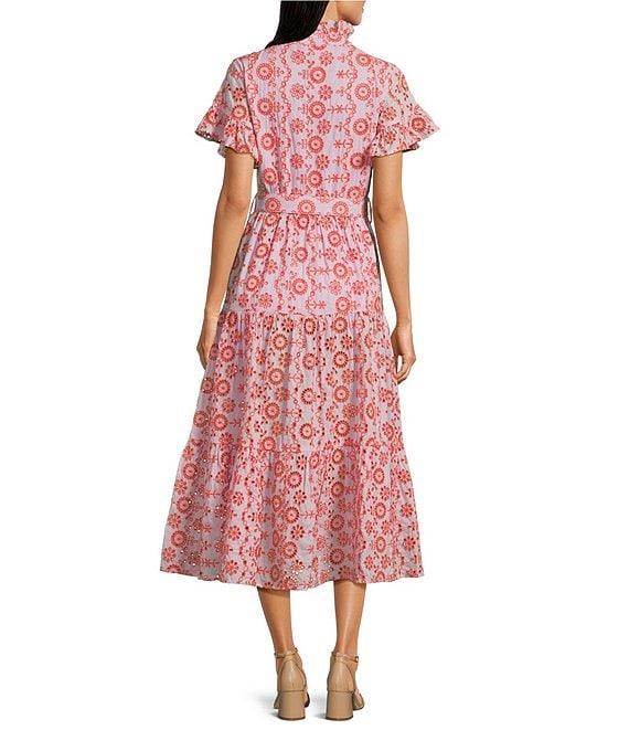 Abbey Glass Sadie Eyelet Short Ruffle Sleeve Self Tie Tiered Skirt A-Line Midi Dress Product Image