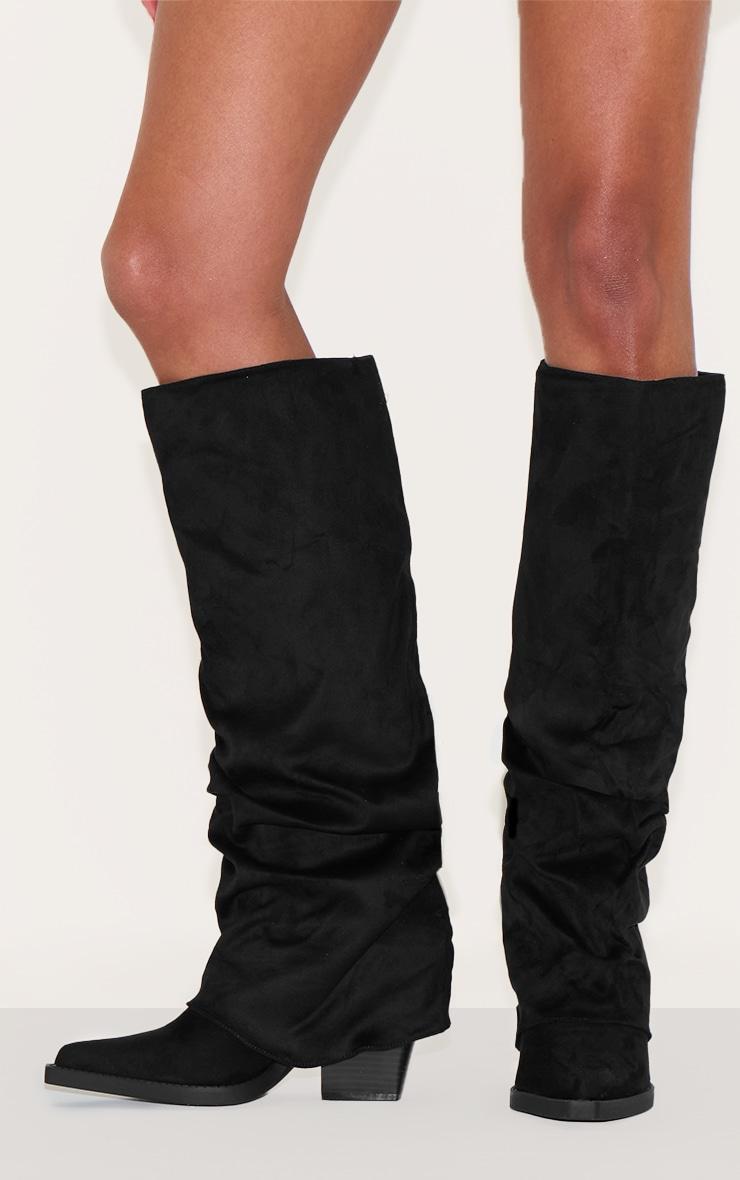 Black Faux Suede Point Toe Fold Over Block Heel Knee High Boots Product Image