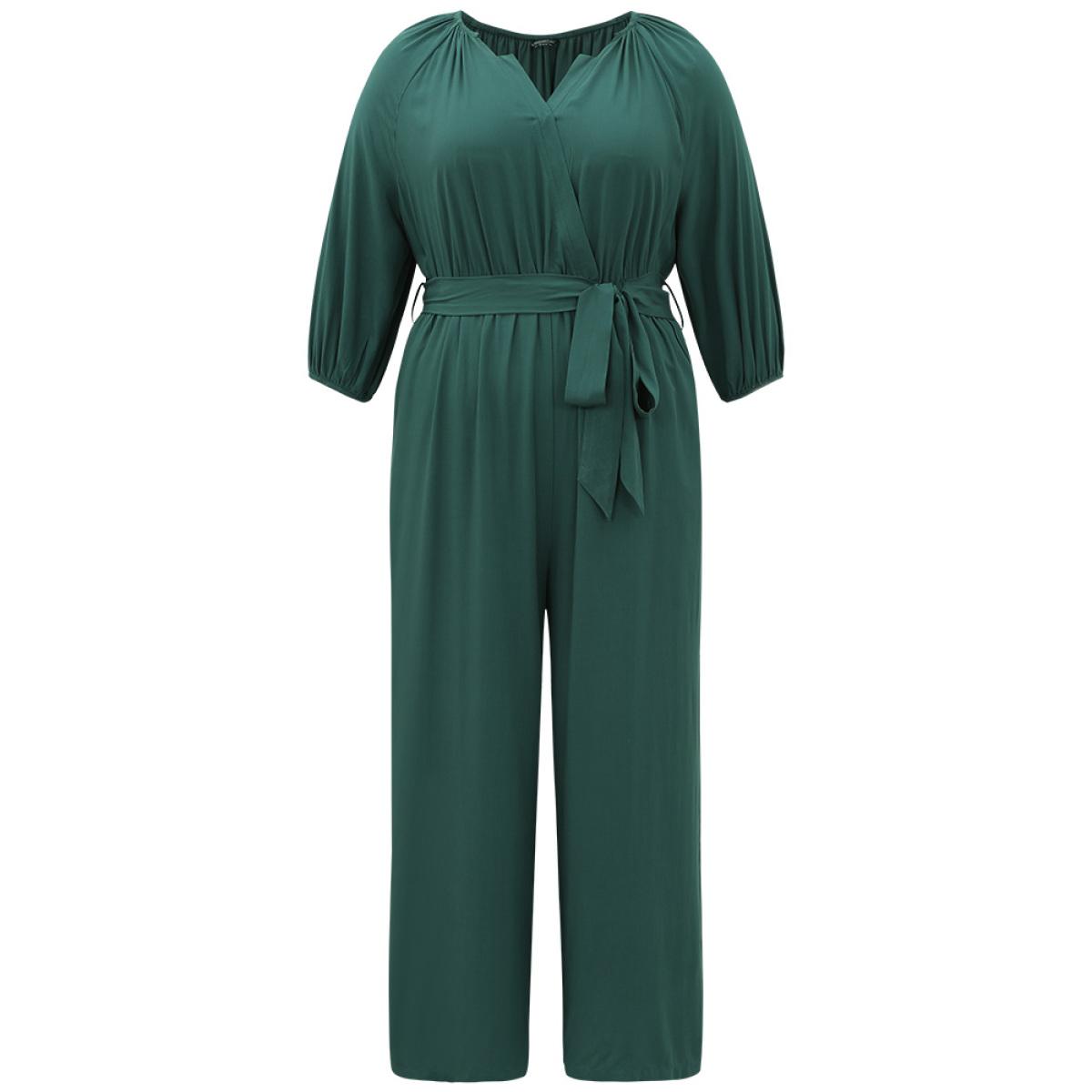 Plus Size Cyan Plain Notched Belted Gathered Lantern Sleeve Jumpsuit Women Casual Elbow-length sleeve Notched collar Dailywear Loose Jumpsuits BloomChic 28/5X Product Image