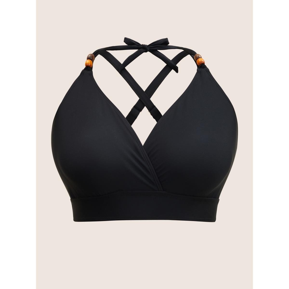 Plus Size Plain V Neck High Stretch Tie Knot Swim Top Women's Swimwear Indigo Resort Tie knot High stretch Skinny Overlap Collar Curve Swim Tops BloomChic 10/M Product Image