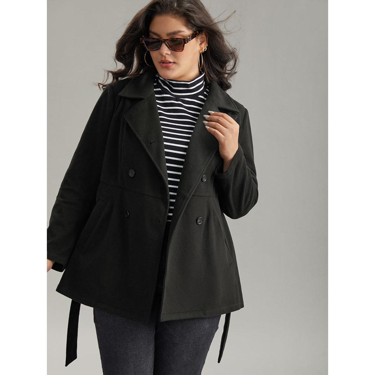 Plus Size Plain Belted Double Breasted Pocket Coat Women Black Casual Plain Ladies Dailywear Winter Coats BloomChic 26/4X Product Image