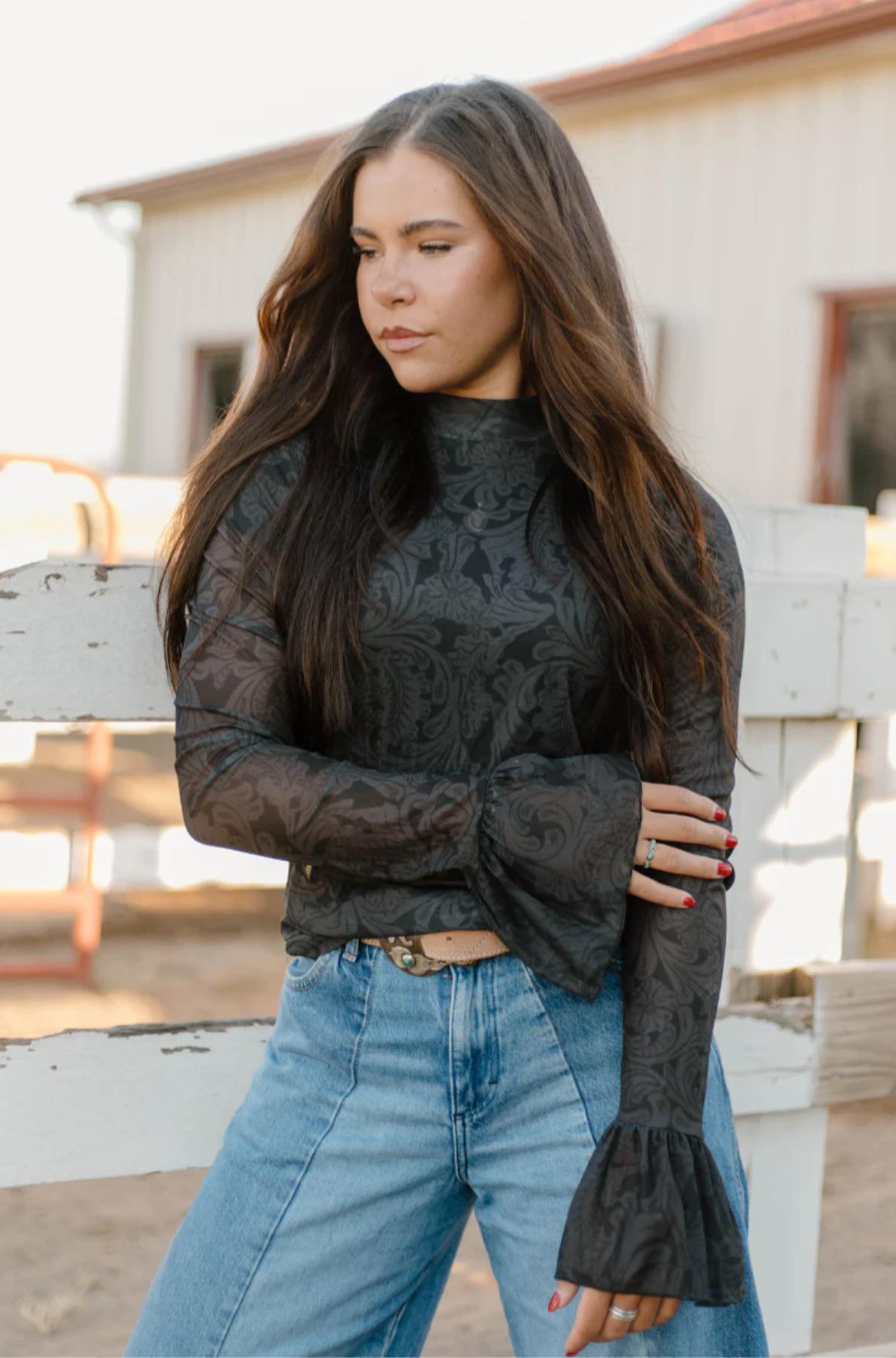 Sterling Kreek Tooled In Black Mesh Top Product Image