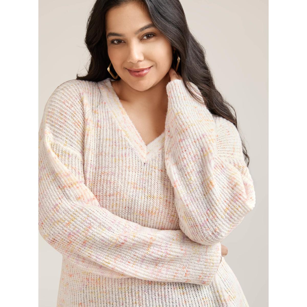 Plus Size Ribbed Texture V-Neck Fitted Pullover Ivory Women Casual Loose Long Sleeve V-neck Everyday Pullovers BloomChic 12/L Product Image